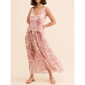 Free People XS Oversized Julianna Maxi Dress Boho Tiered Floral Pockets Festival